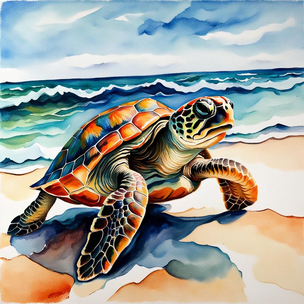 Sea Turtle Crawling to Ocean: Gouache Impressionist Painting