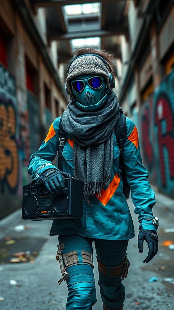 Cyberpunk Girl with Boombox in Dystopian Street