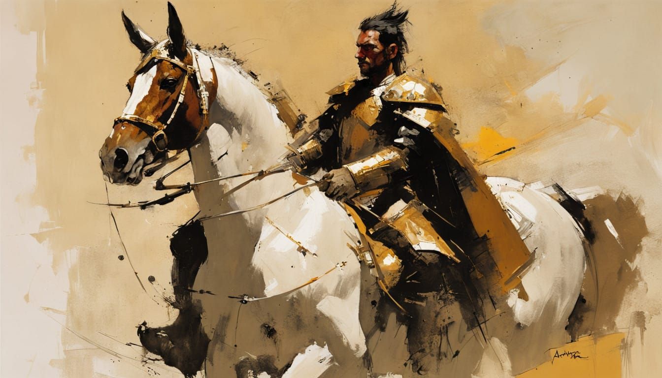 Golden Warrior on a Fierce Steed in a Vibrant Tempera Painti...