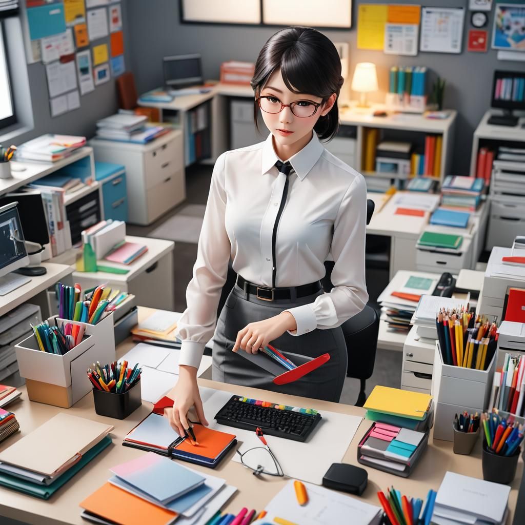 Organized Anime Character in Modern Office