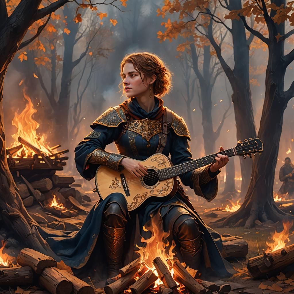 Medieval Non-Binary Bard Plays Guitar by Campfire