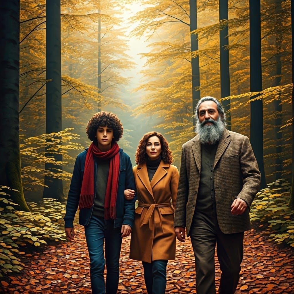 Family Stroll Through Autumn Forest, Ghibli-esque Matte Pain...