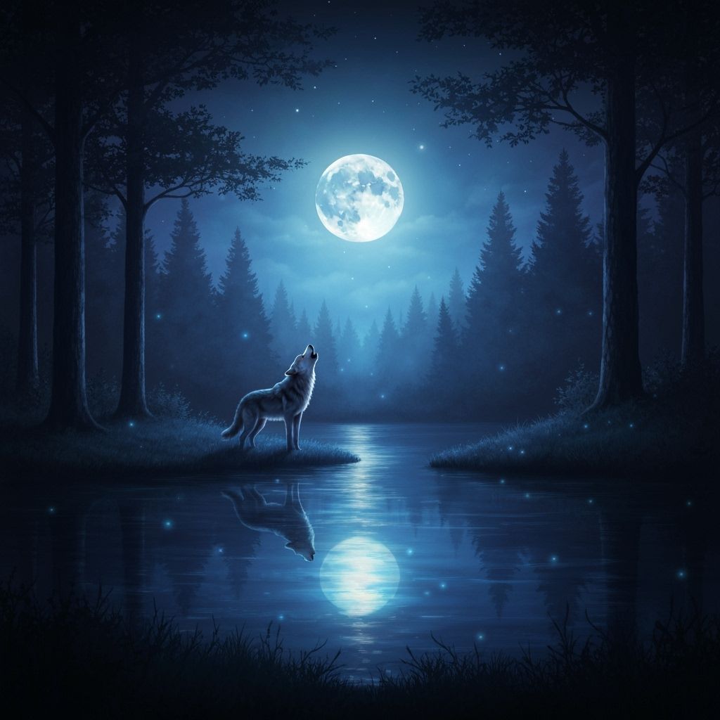 Wolf Howling at Luminous Moon Over Forest Lake