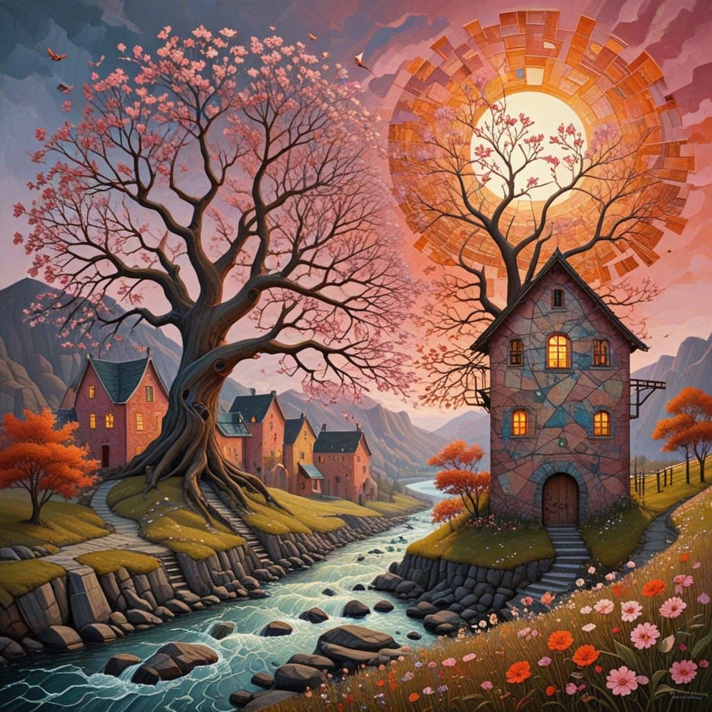 Whimsical Watermill Scene in Vibrant Colors