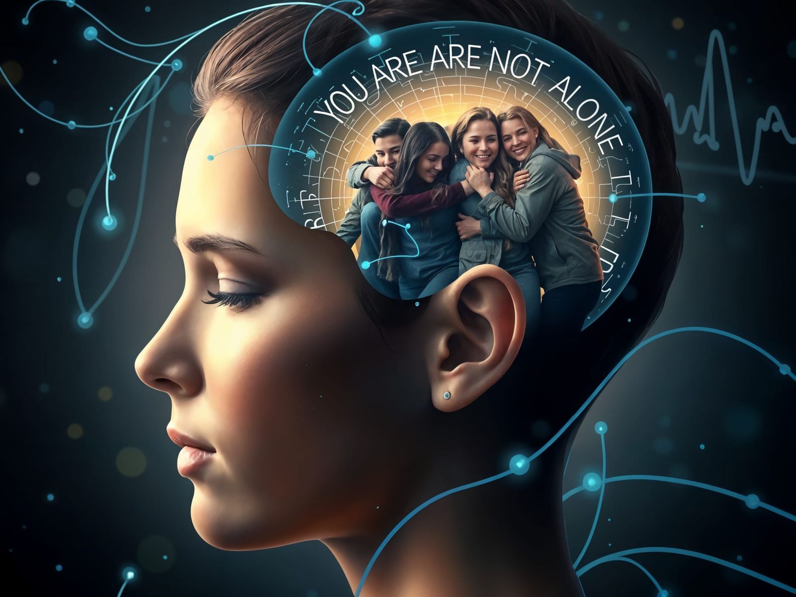 Surreal Face Profile with Bioluminescent Neuron Pulses