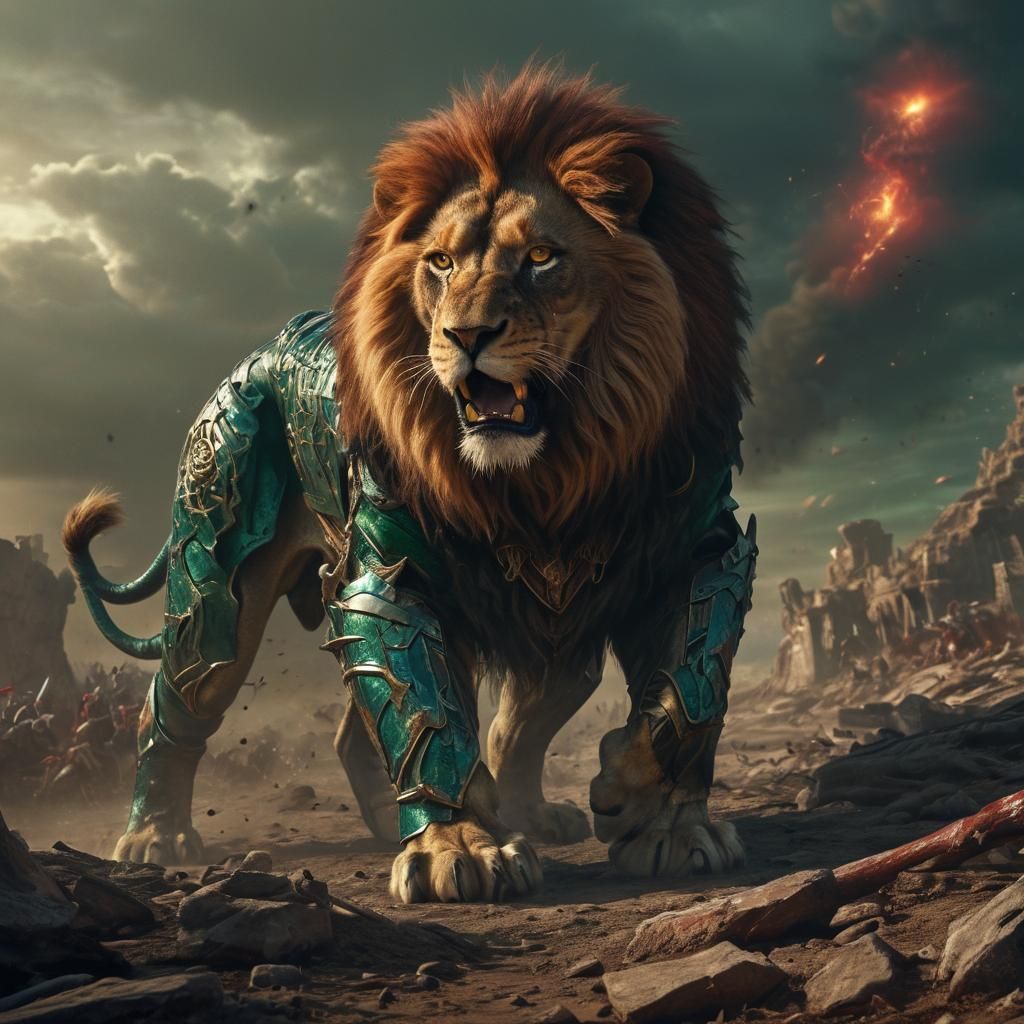 Furious Lion in Battlefield: Detailed Digital Art