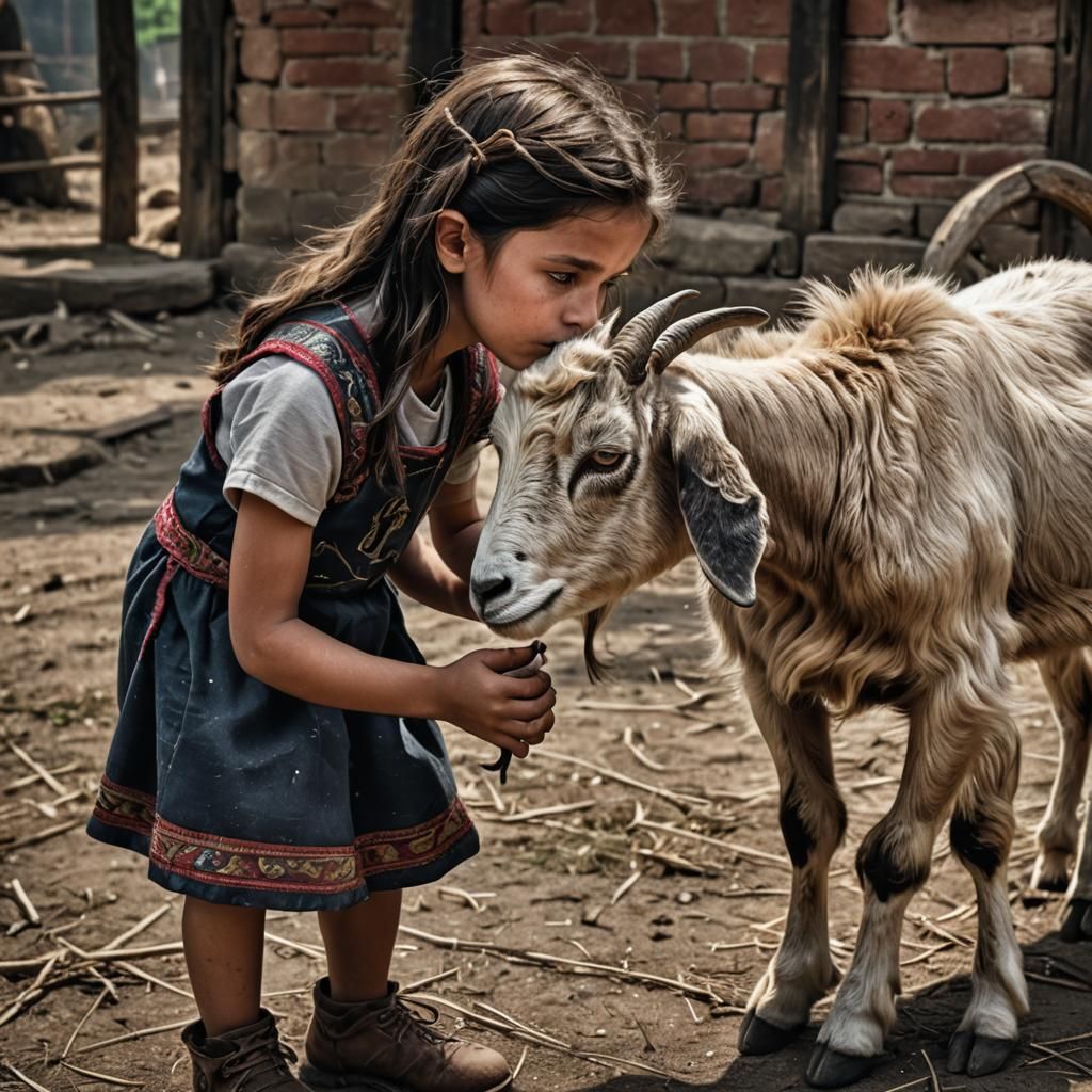 Girl Headbutting Goat: Hyperrealistic 64MP Image
