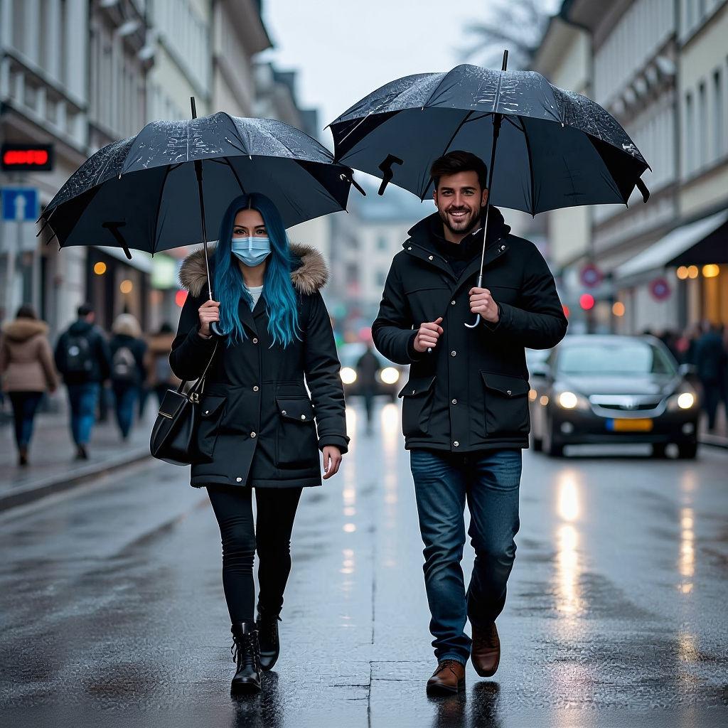Rainy School Day: Two Students Under an Umbrella