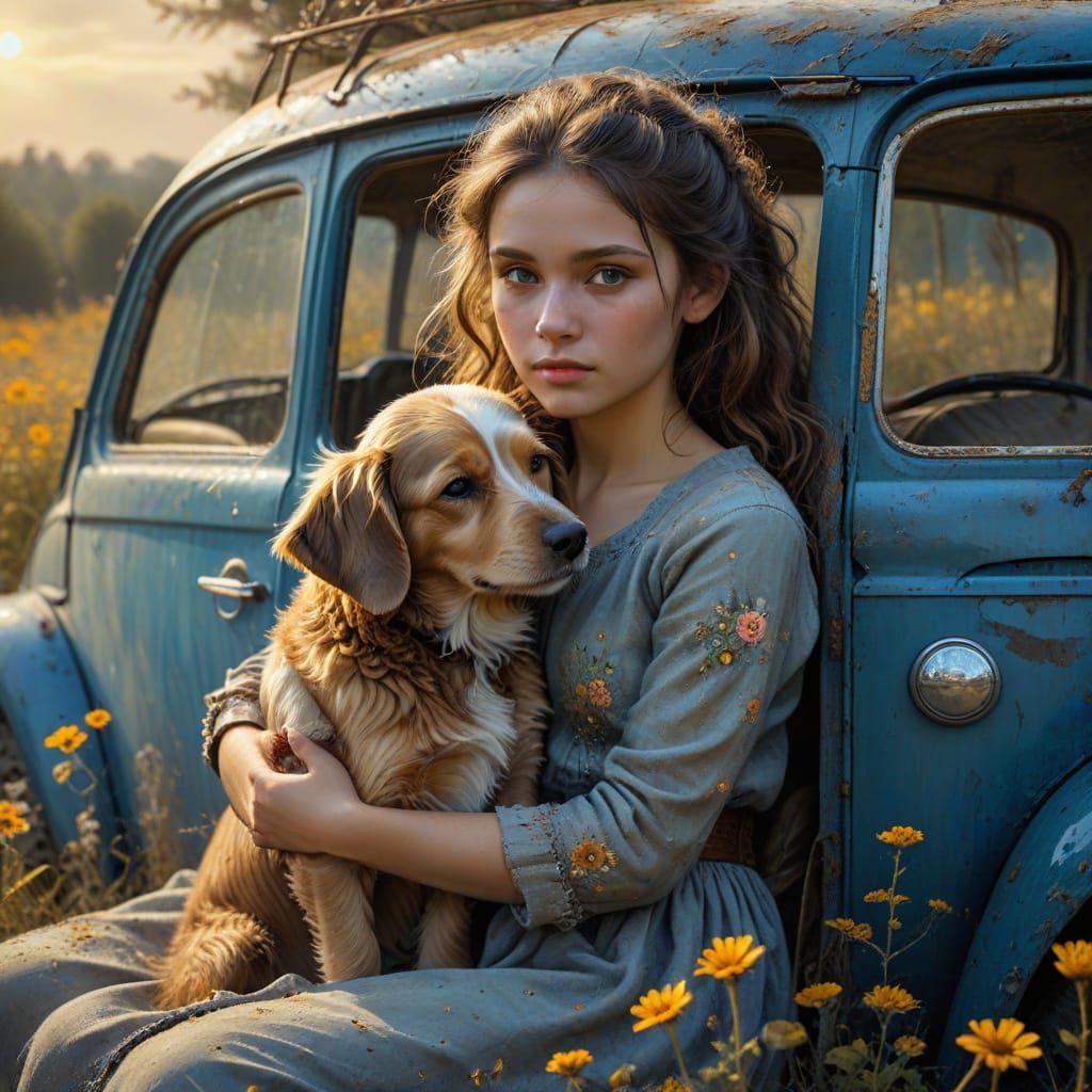 Girl and Dog on Volkswagen: Whimsical Oil Painting