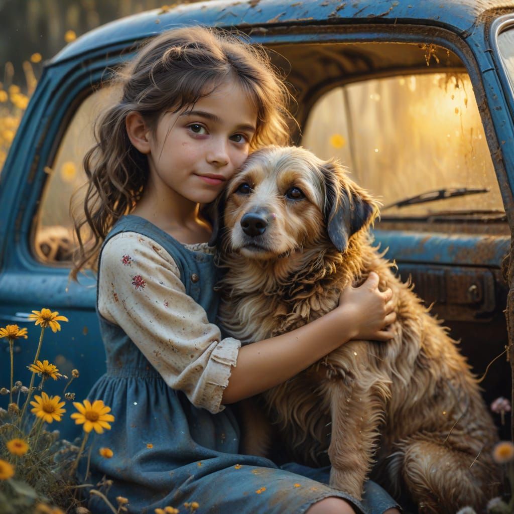 Girl Hugging Dog in Car, Whimsical Oil Painting