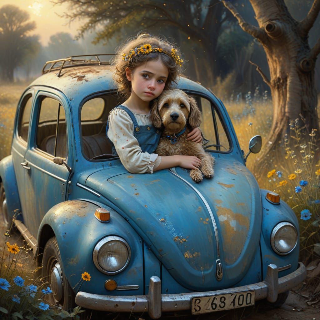 Girl and Dog: Whimsical Oil Painting