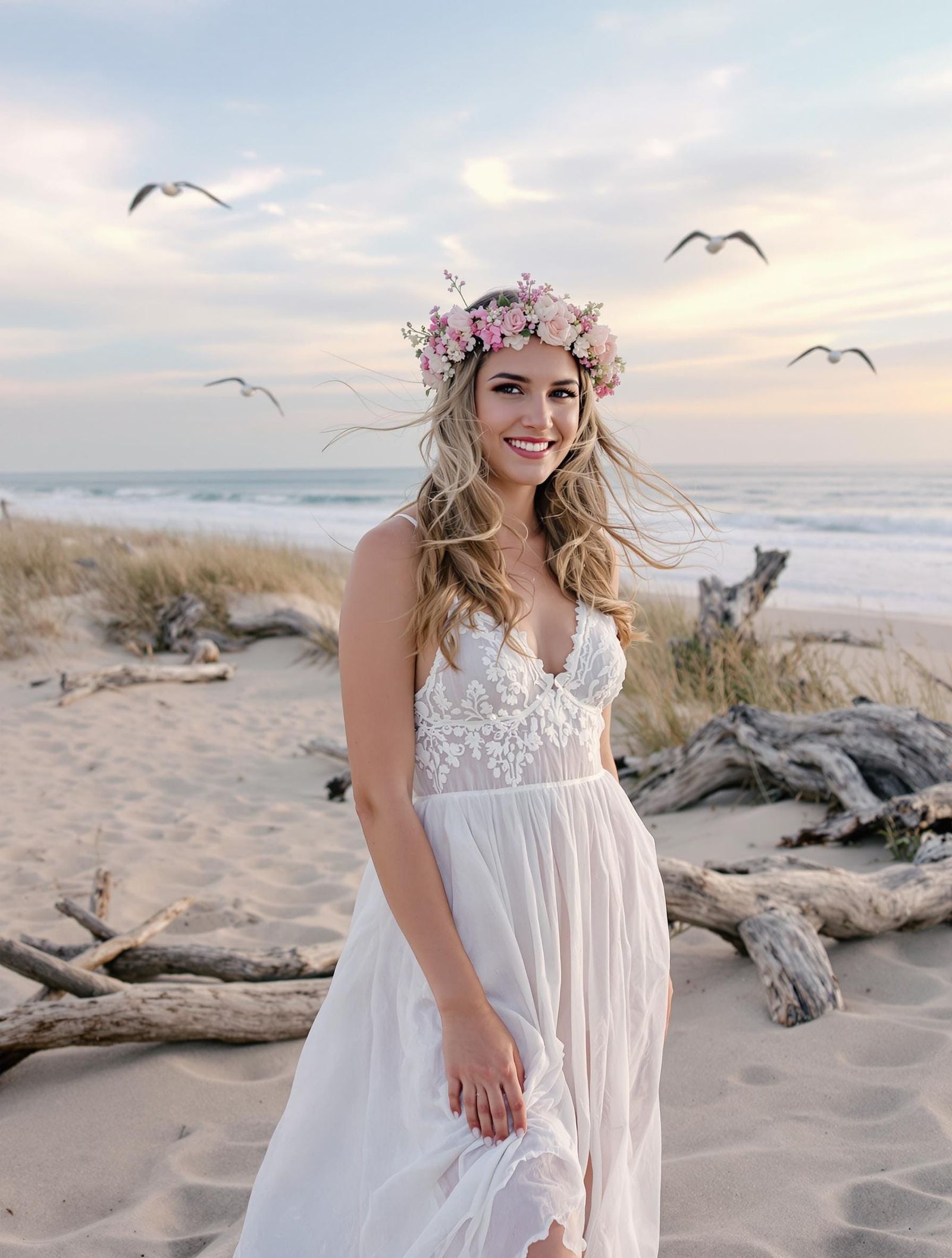 Woman on Beach with Flower Crown