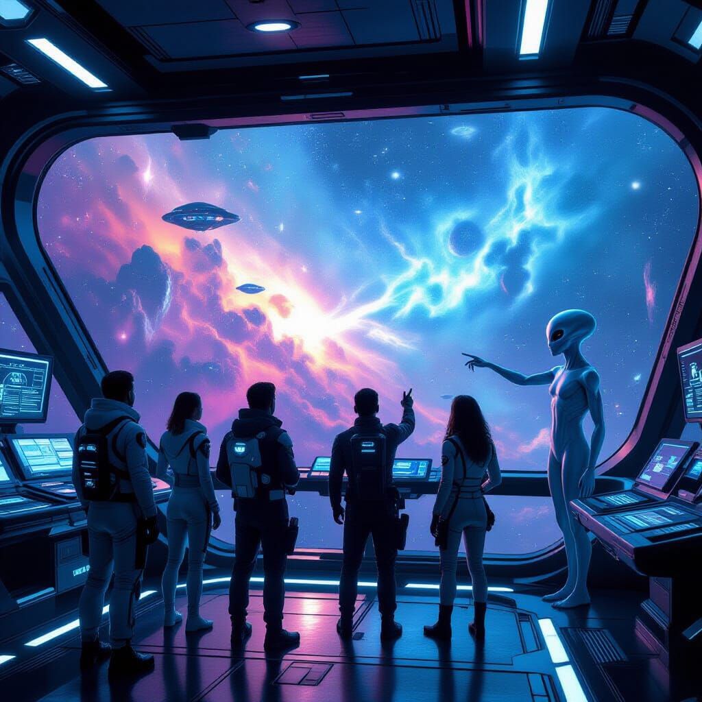 Diverse Crew Navigating Uncharted Nebula in Starship