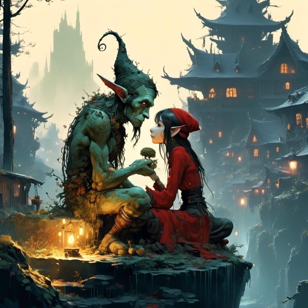 Fantasy Elf Warrior Couple in a Whimsical Village Setting