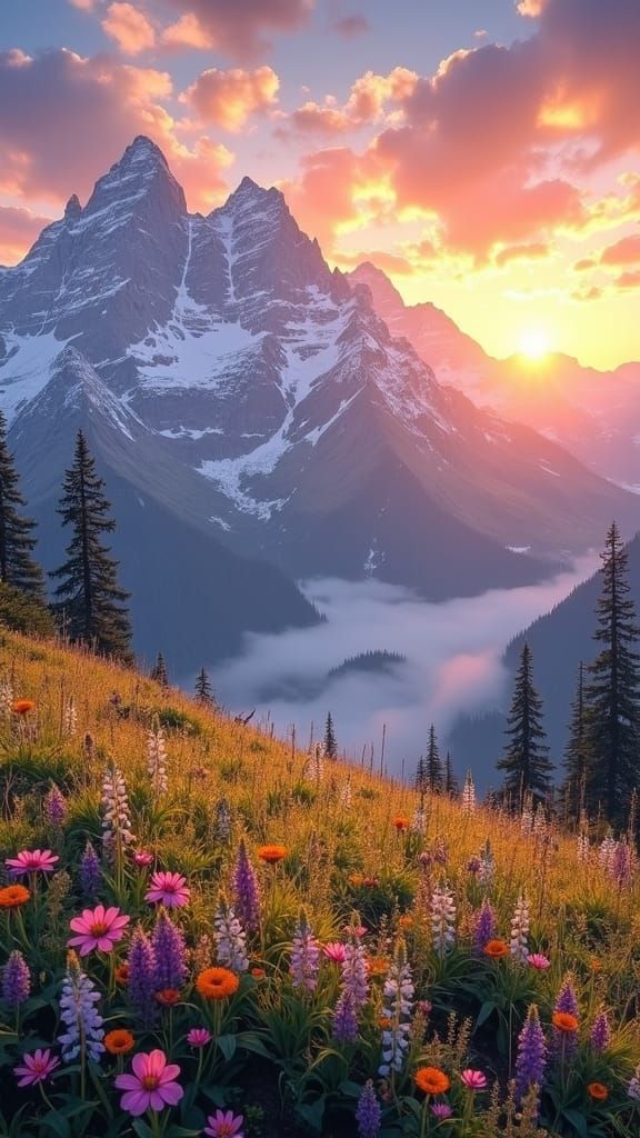 Sunrise Over Snow-Capped Peaks in Dreamy Landscape