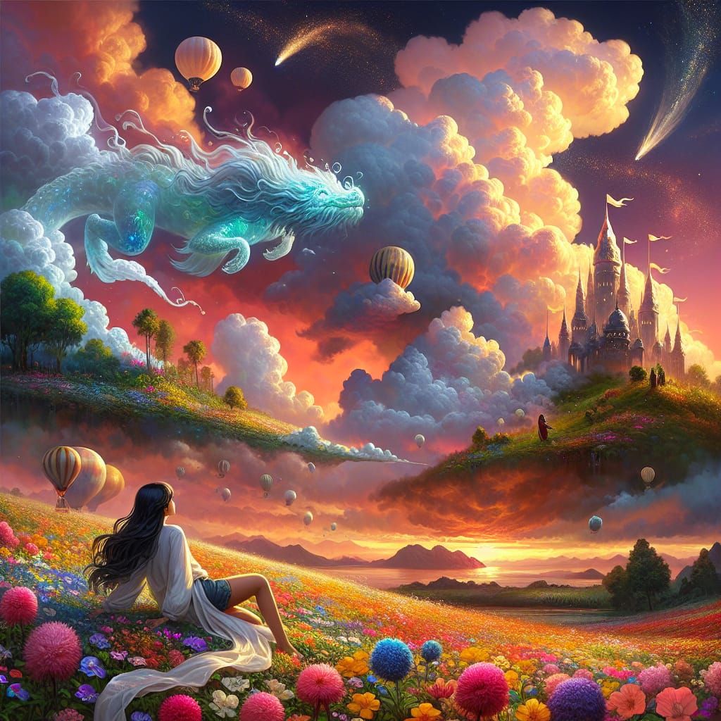 Surreal Wildflower Dreamscape in Vibrant Sunset Colors