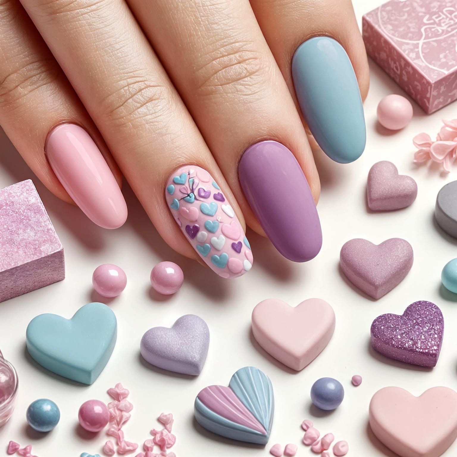 Pastel Candy Heart Nail Art in Smooth Matte Finish