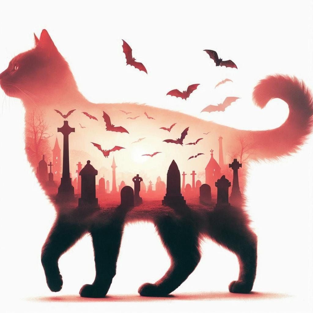 Graveyard Cats Double Exposure in Crimson Neon