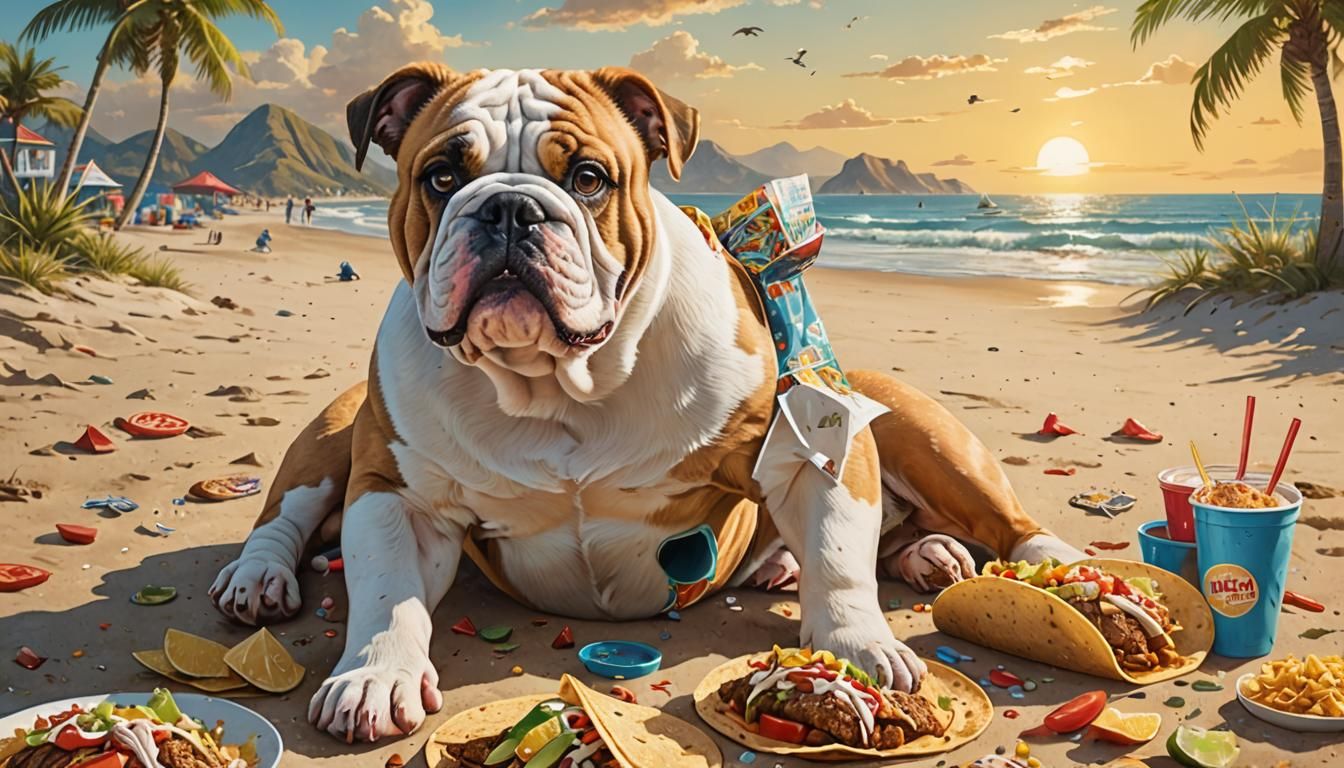 Bulldog's Beachside Taco Feast: Hyperrealistic Art