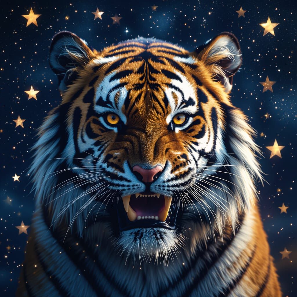 Cinematic Tiger Portrait with Stars in Digital Art Style