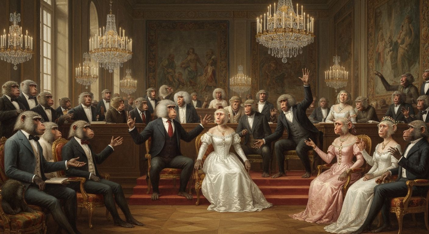 Baboons Convene in Grand Hall: A Classical Painting