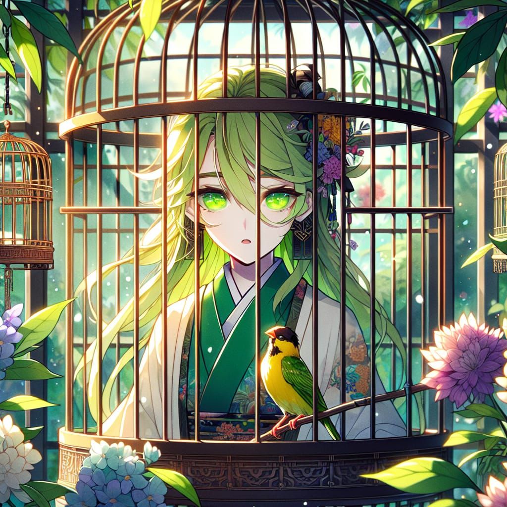 Anime Girl in Birdcage Greenhouse, Cel-Shaded Style