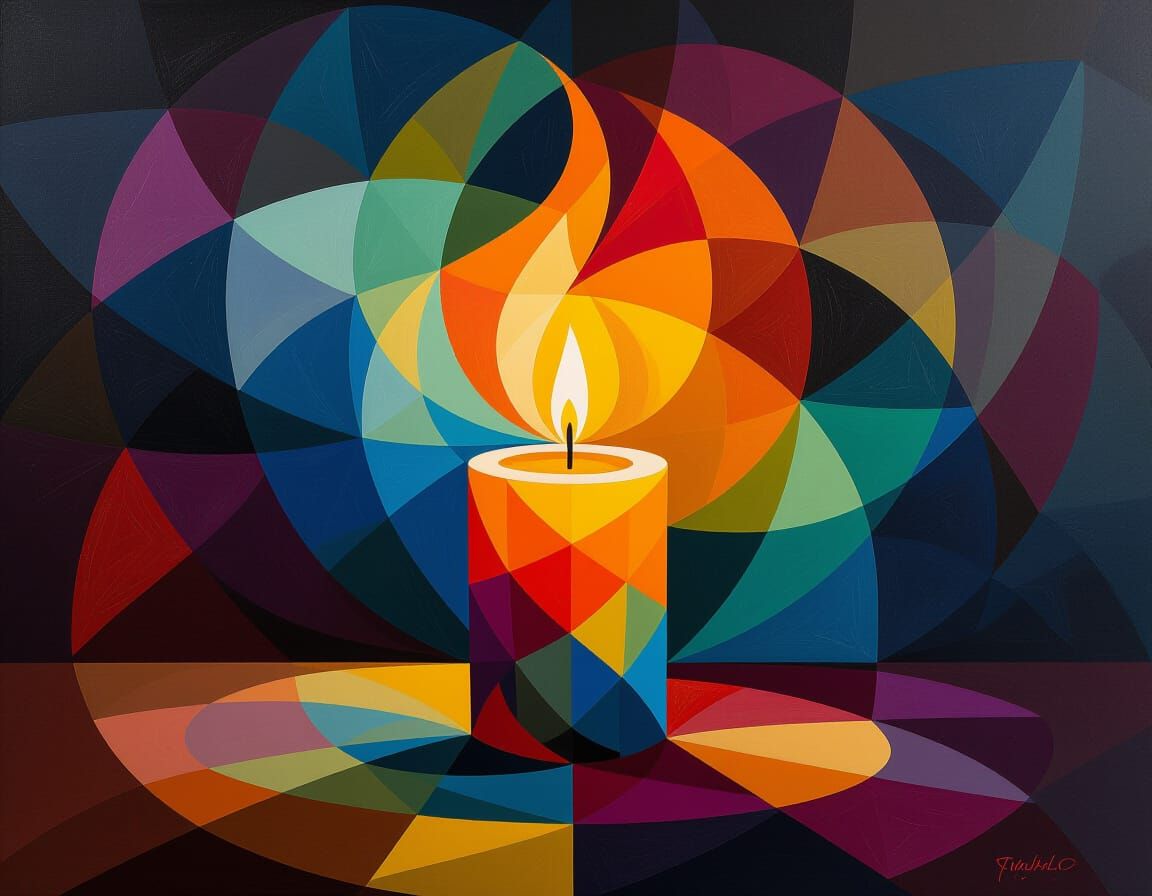 Surreal Geometric Candle with Fractal Flame Painting