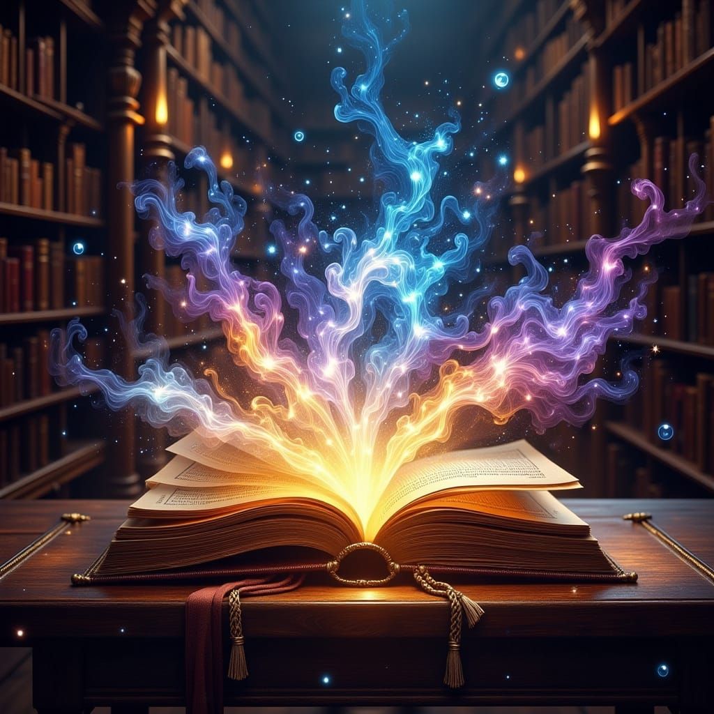 Glowing Magical Tome in Mystical Library