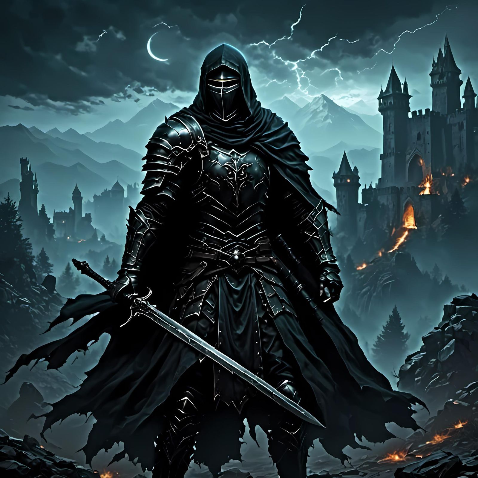 Dark Fantasy Warrior Approaches in the Night