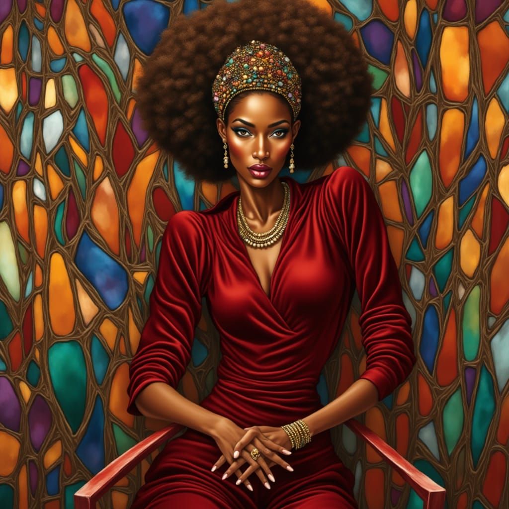 Afrocentric Woman in Ruby Velvet, Fantasy Concept Art