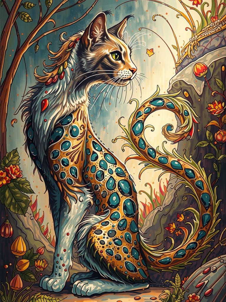 Surreal Cat Sketch in Klimt-Inspired Pop Art