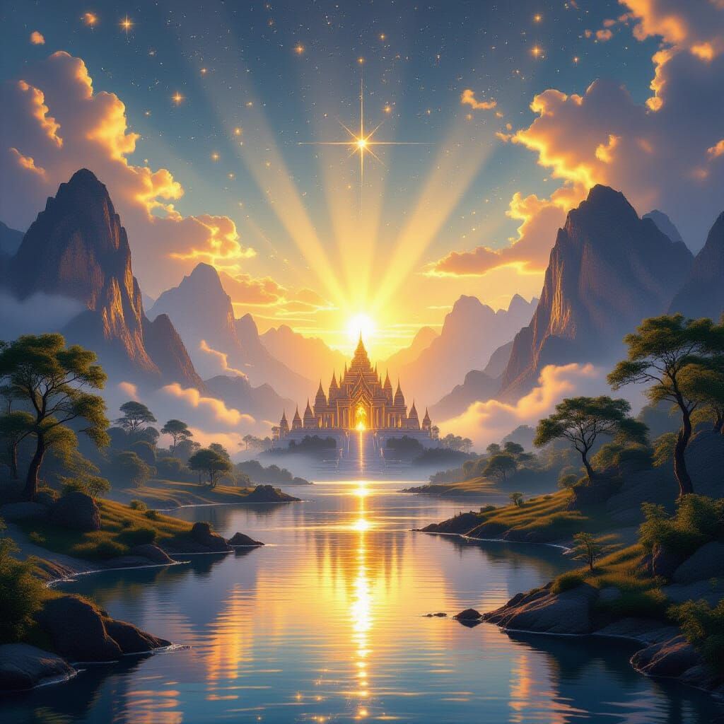 Divine Dawn Landscape With Radiant Temple