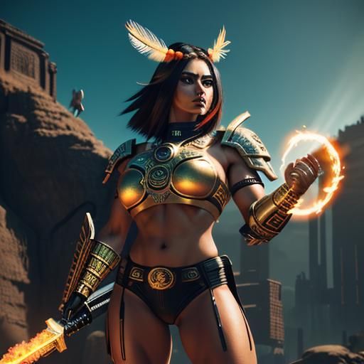 Aztec Warrior Woman in Cyberpunk Servo-Armor