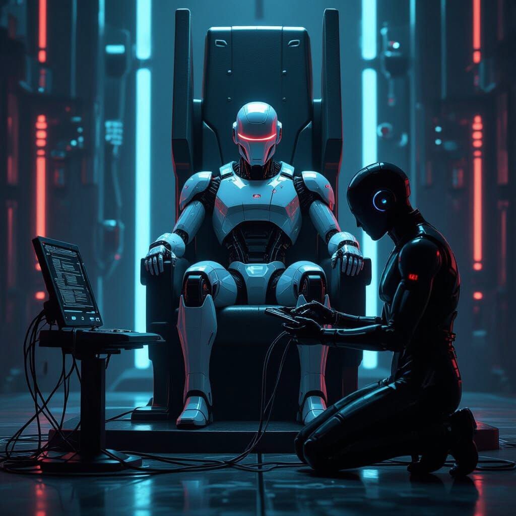 Cyberpunk Robot Master Oversees Human Servant with Neural Ne...