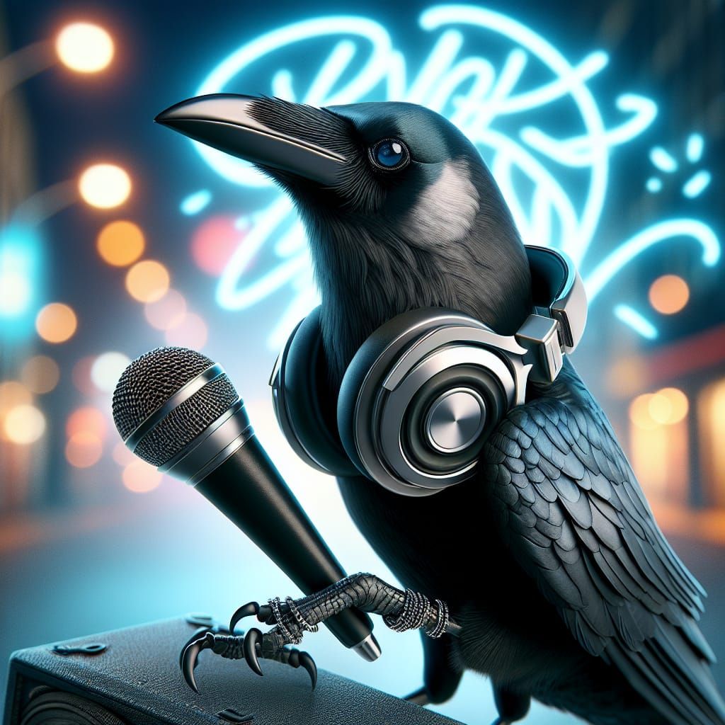 Hip Hop Crow with Headphones and Microphone