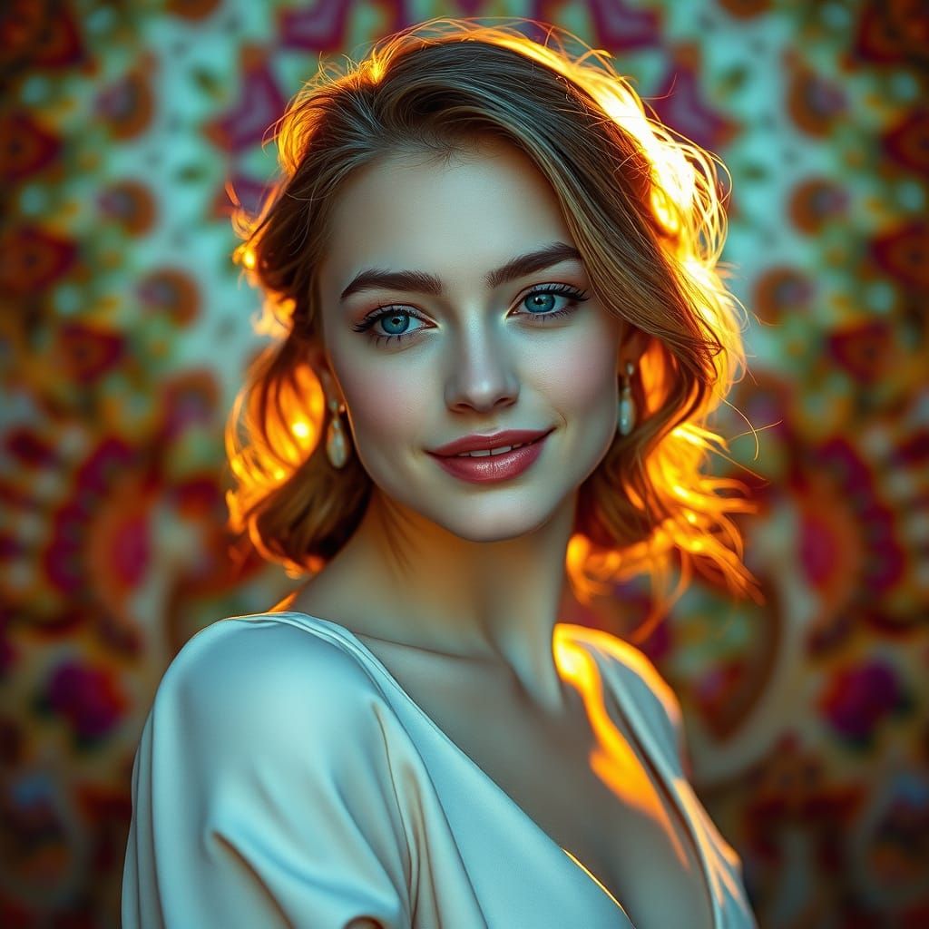 Young Woman in Elegant Attire, Hyperrealistic Film Photograp...