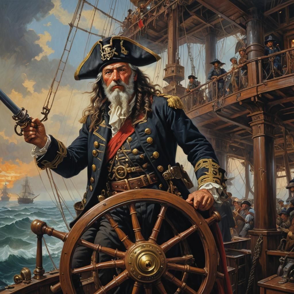 Pirate Captain at the Helm, Oil Painting