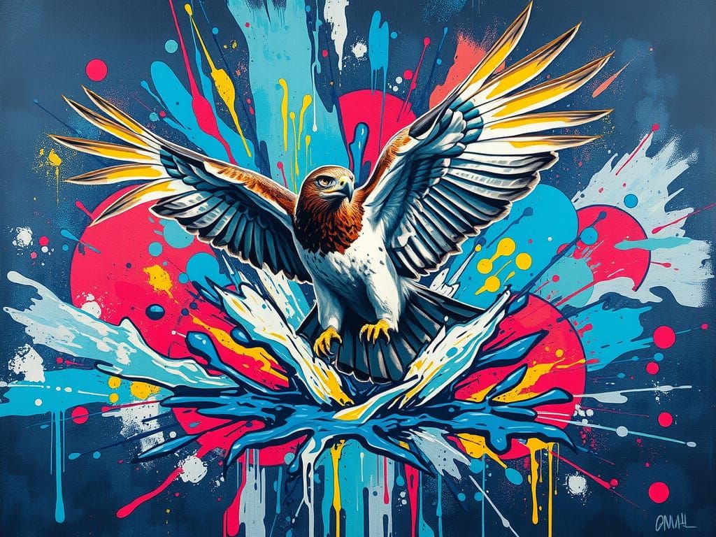 Majestic Hawk Emerges from Vibrant Blue Graffiti Puddle