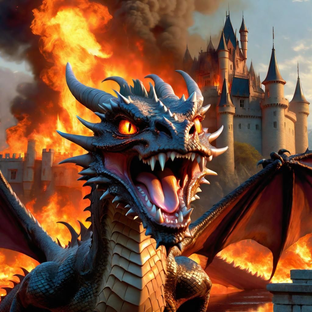 Anime Dragon Screeching in Burning Castle Scene
