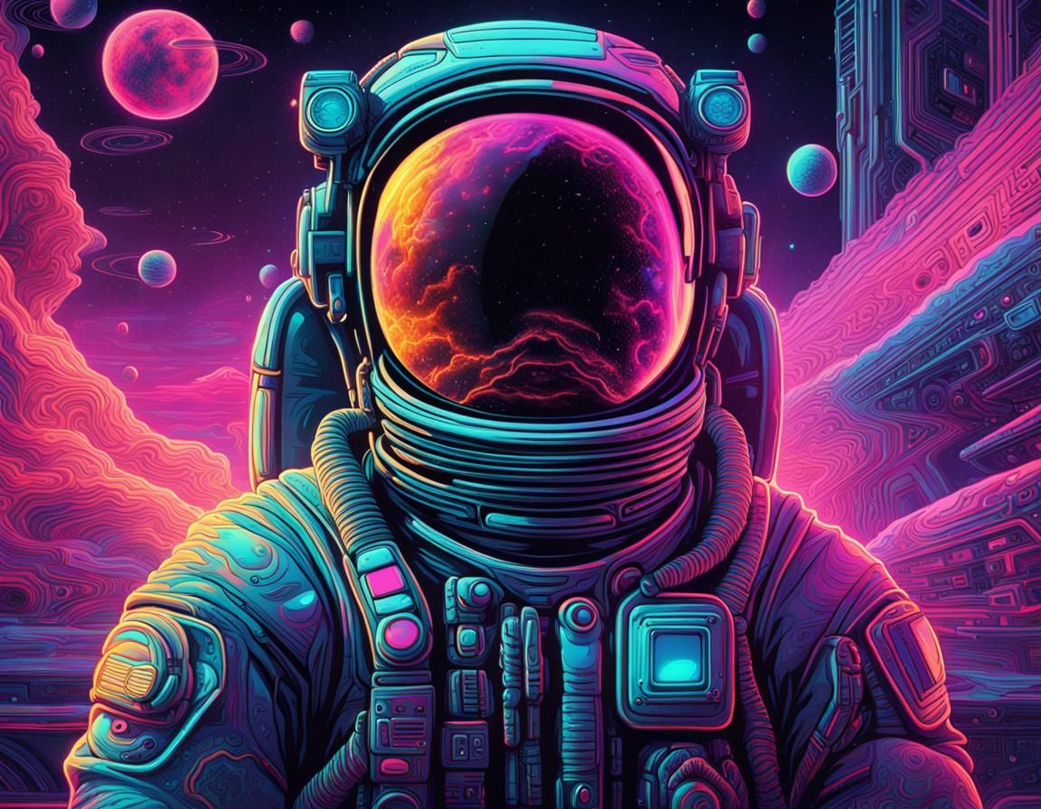 Astronaut in Cyberpunk Style Among Cosmic Neon