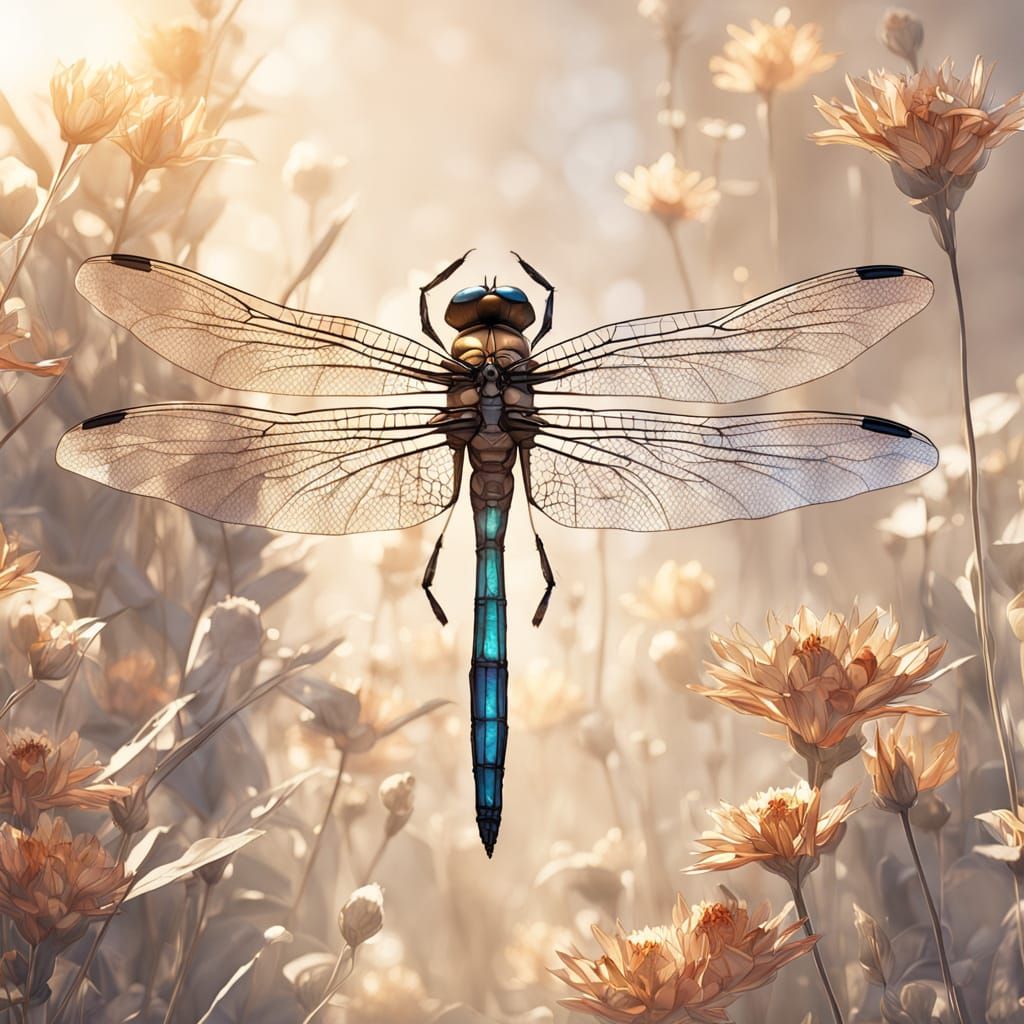 Whimsical Watercolor Dragonfly in a Tranquil Floral Scene