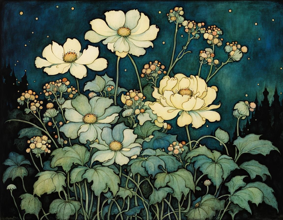 Fairies Adorn Flowers in Vintage Illustration Style