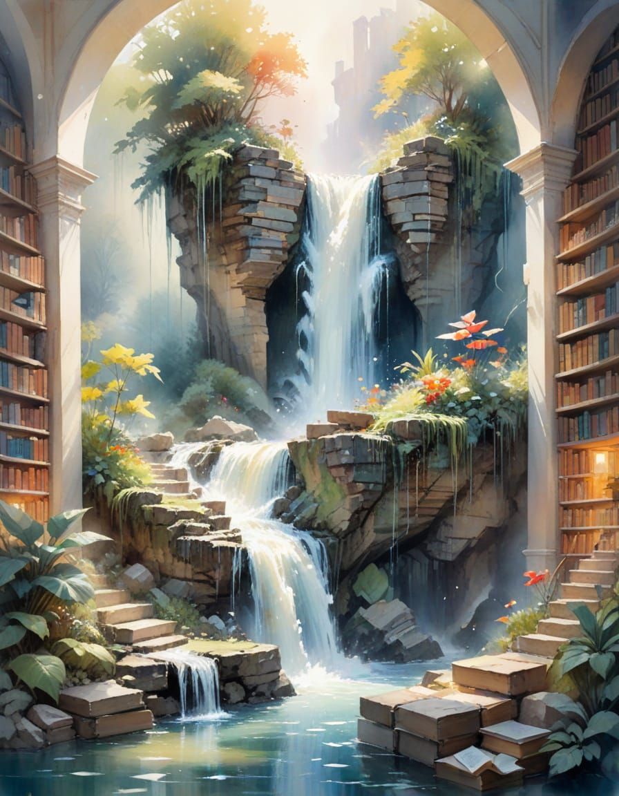 Waterfall Flows Into Fairytale Library in Watercolor Style