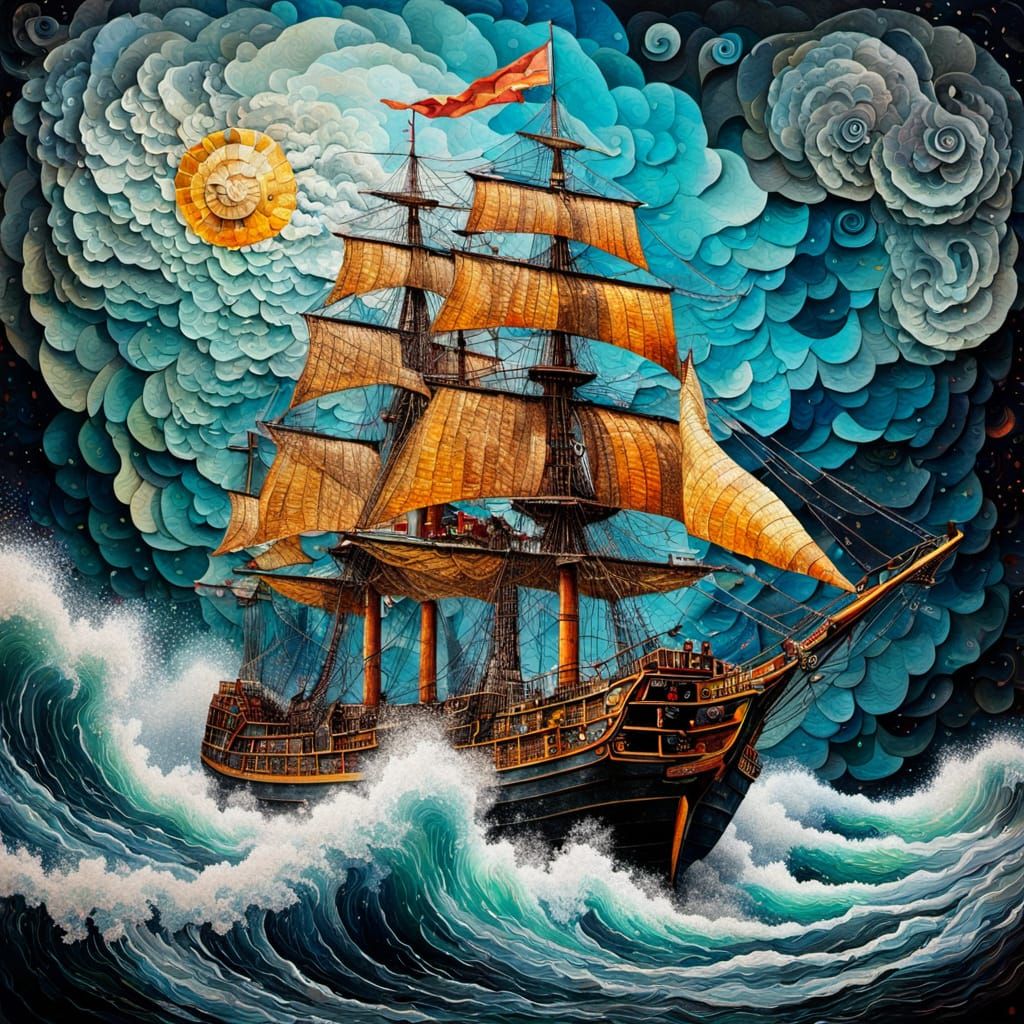 Surreal Sailing Ship in Stormy Seas Collage