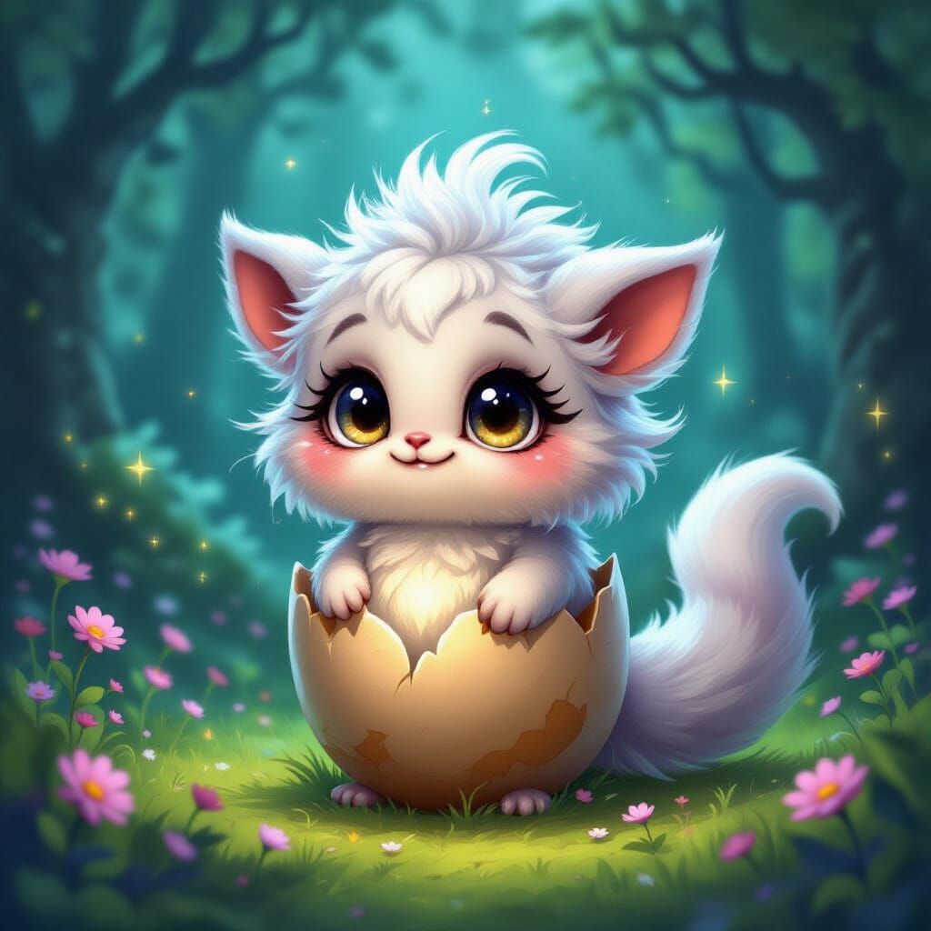 Cute Magical Creature Emerges From Egg in Enchanted Forest