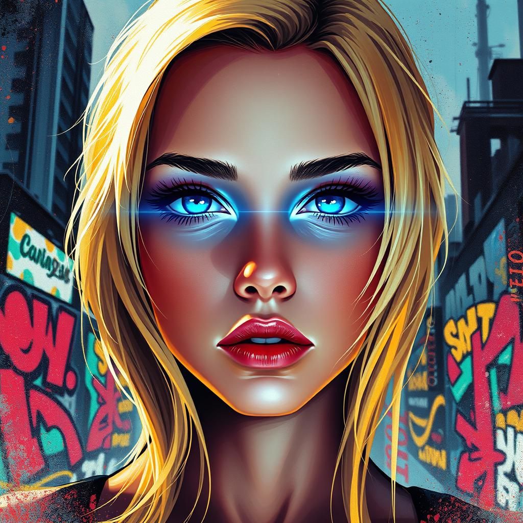 Futuristic Graffiti Art: Blonde Woman in a Sci-Fi Cityscape
