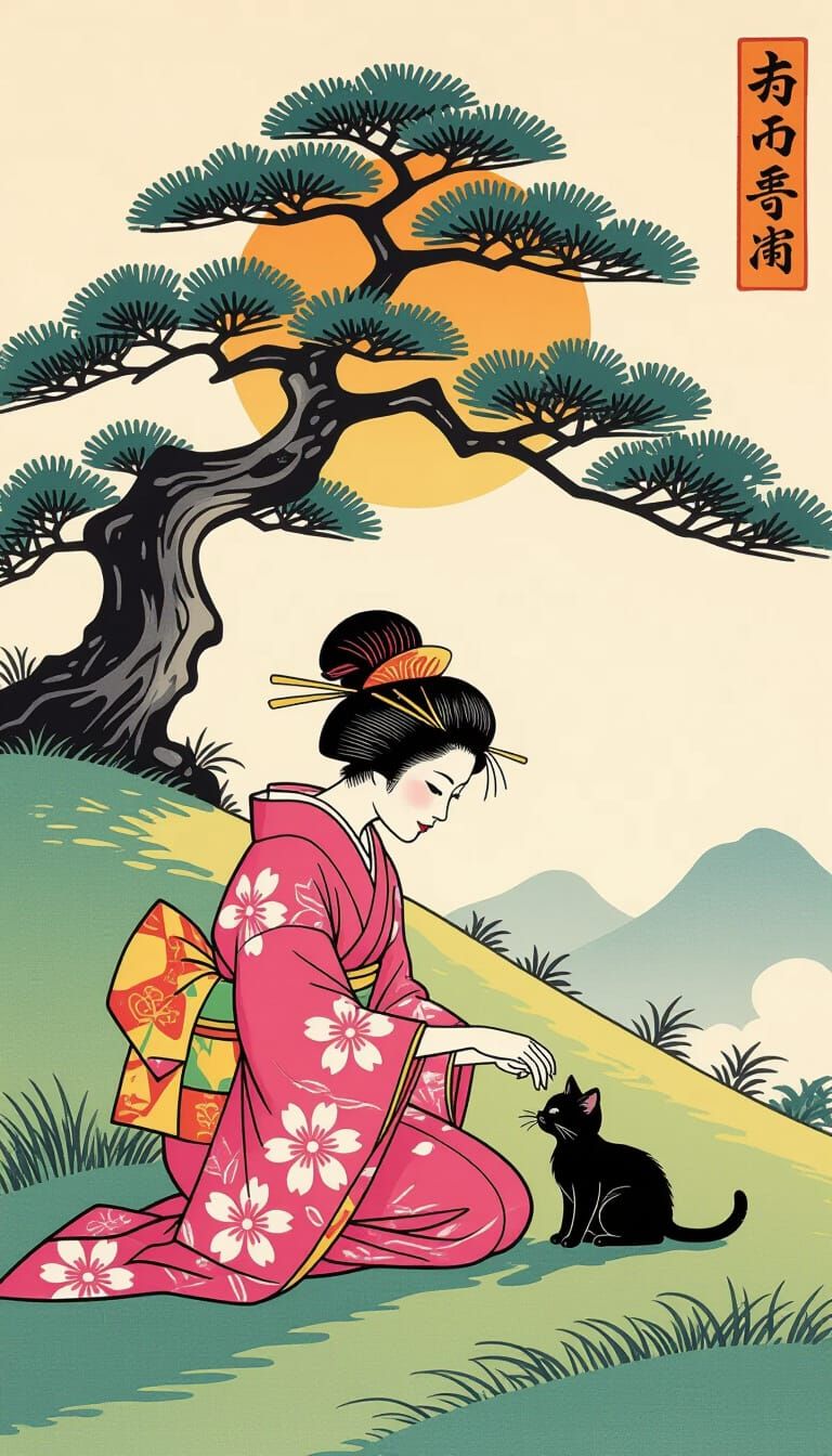 Samurai Woman Pets Kitten Under Tree in Ukiyo-e Style