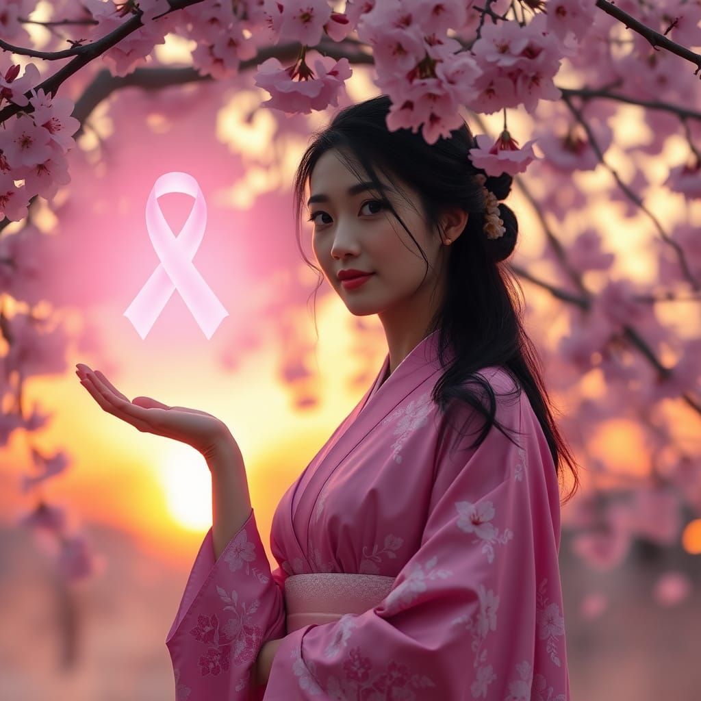 Asian Woman with Pink Ribbon in Dreamlike Realism