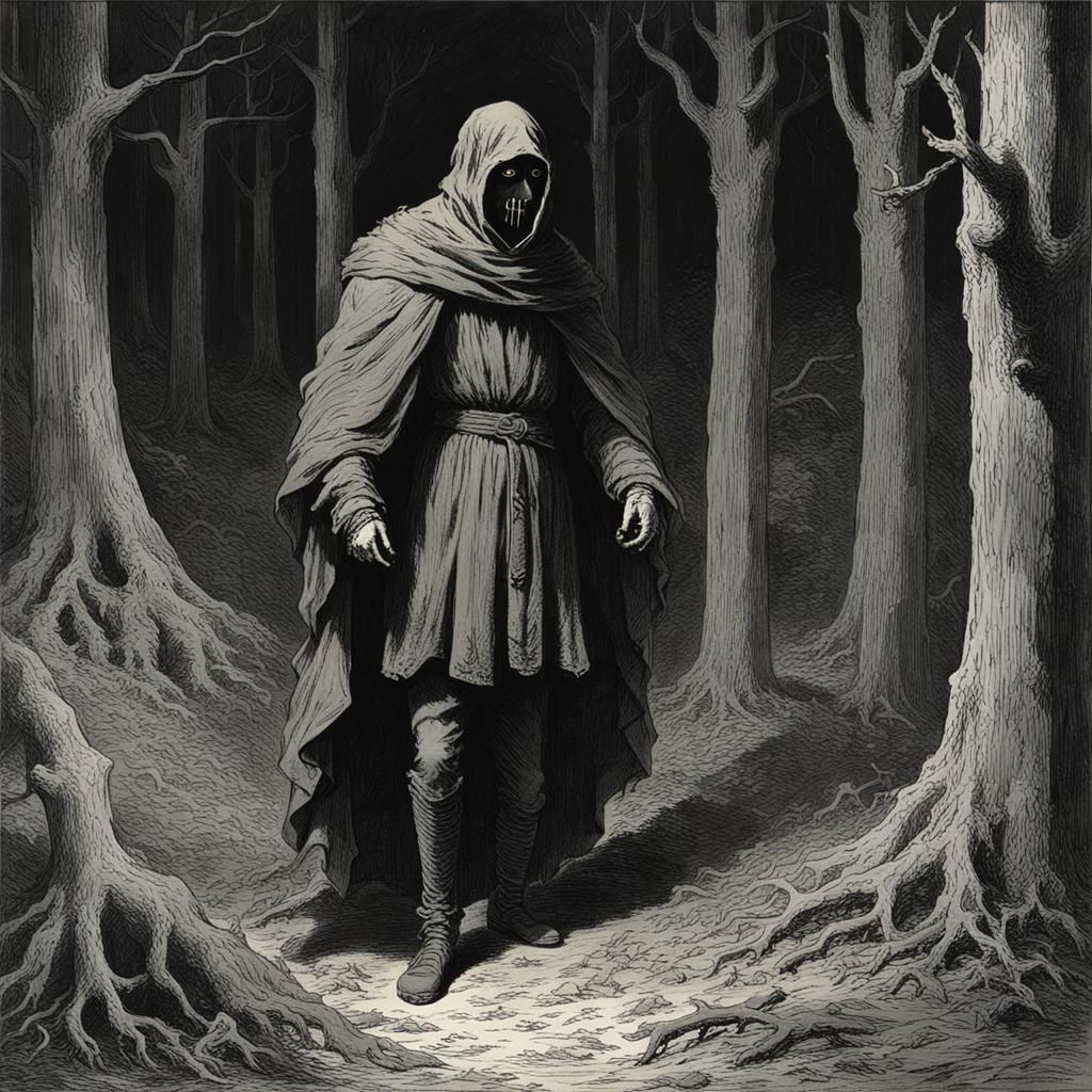 Masked Figure in Dark Forest, Horror Art