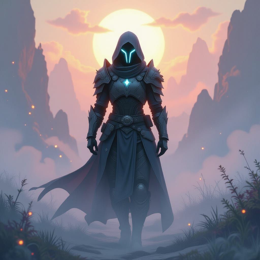 Heroic Warframe Character Amidst Ethereal Mist